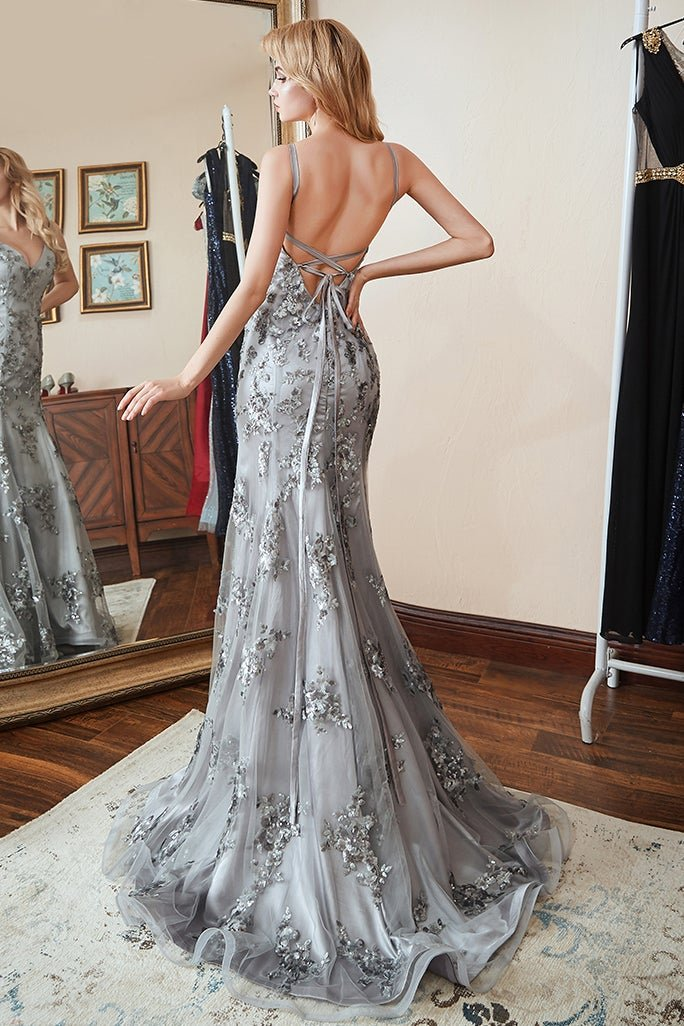 Silver V-Neck Mermaid Prom Dress With Appliques gh687