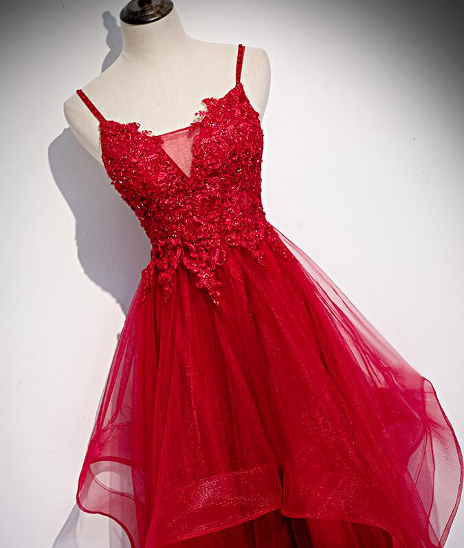 Robe de soirée longue à la mode en tulle et dentelle rouge, robe de bal longue gh277