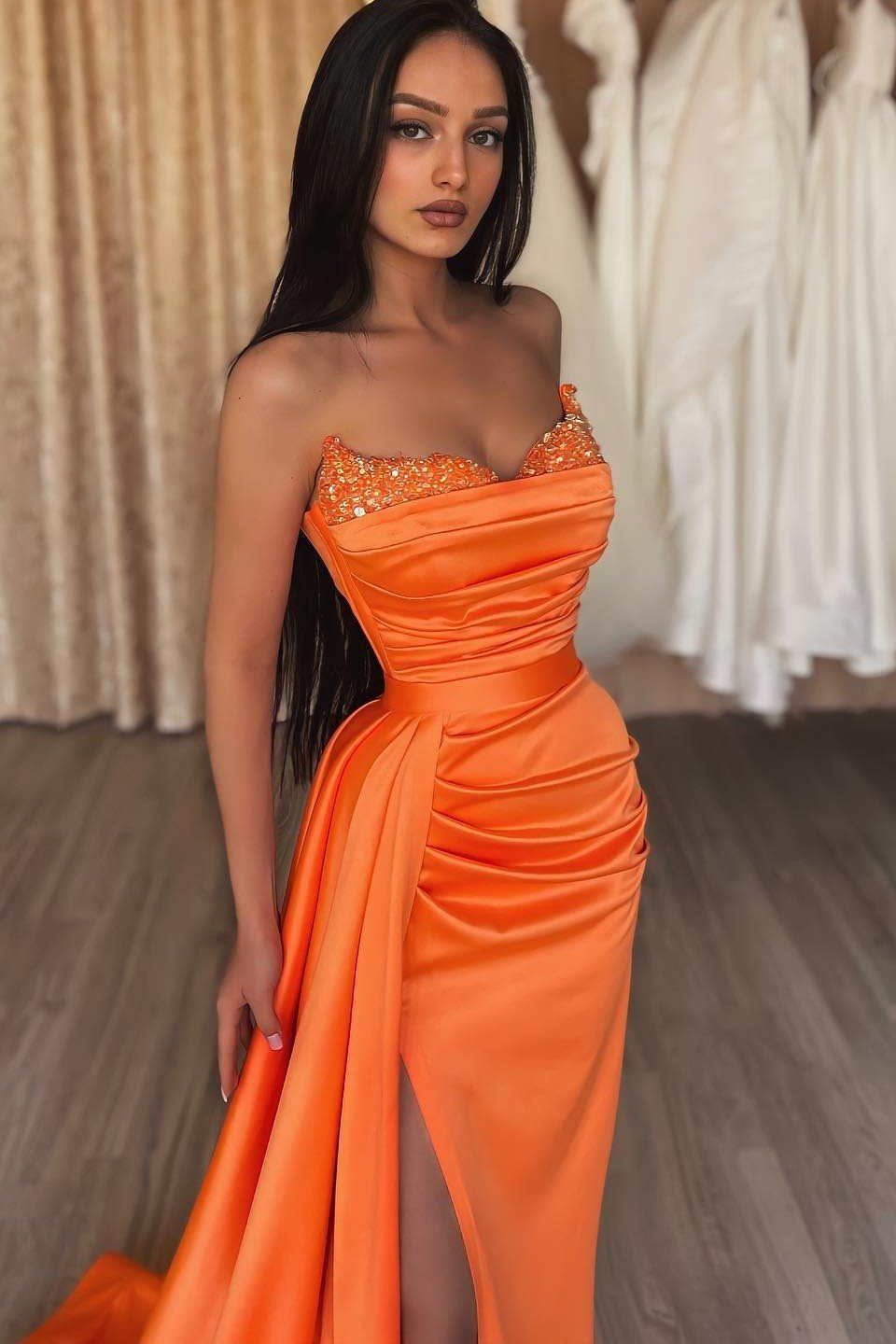 Orange Strapless Long Mermaid Prom Dress Split With Ruffles  gh750