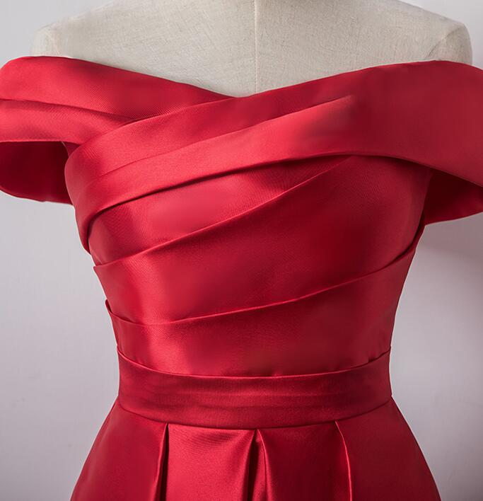 Jolie robe de soirée en satin rouge à épaules dénudées, robe de soirée rouge gh449