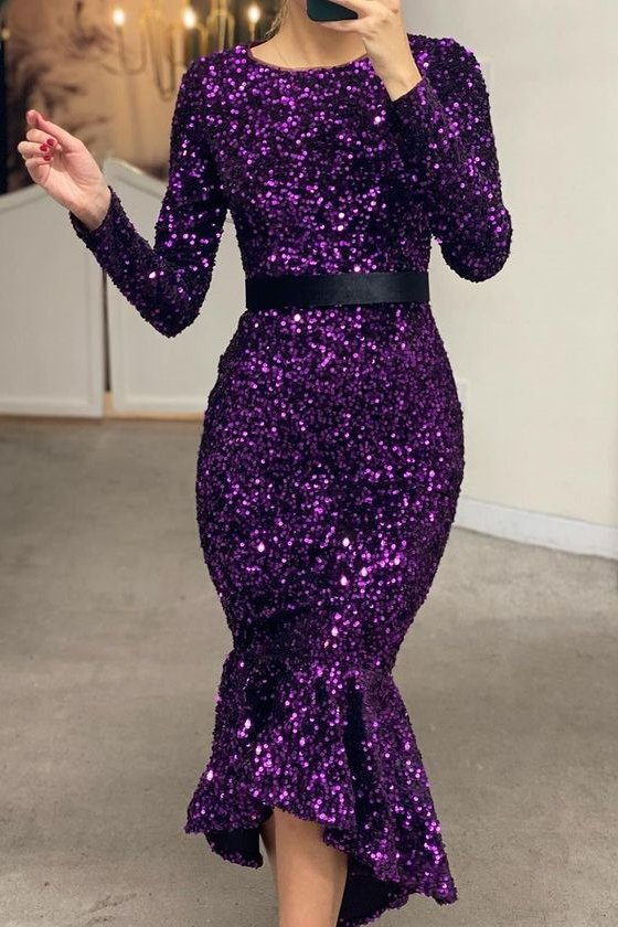 Long Sleeves Mermaid Sequins Prom Dress Online With Belt gh739