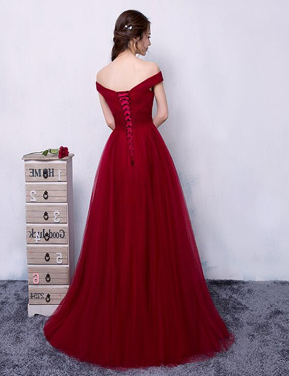 Dark Red Tulle A-Line Long Prom Dress, Beautiful Prom Dress gh441