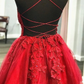 A Line V Neck Short Backless Red Lace Prom Dresses, Short Red Backless Lace Formal Homecoming Dresses  gh870