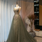 Belle robe de bal en tulle avec appliques vert clair à encolure ronde, robe longue noire basse de soirée gh92