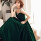 Robe de soirée élégante en velours vert foncé avec dos en V, robe de demoiselle d'honneur à bretelles trapèze gh109