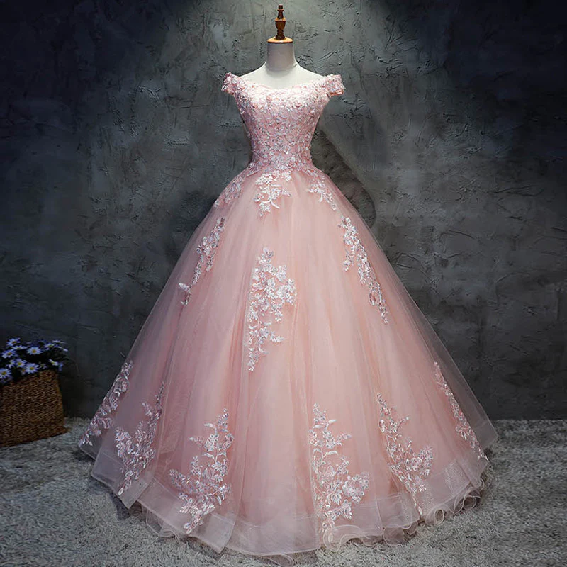 Robe de bal rose à manches courtes en tulle avec dentelle, robes Sweet 16, robes longues de Quinceanera gh77