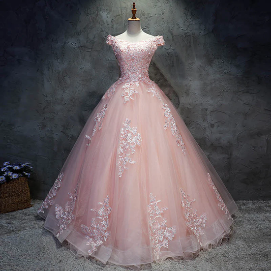 Robe de bal rose à manches courtes en tulle avec dentelle, robes Sweet 16, robes longues de Quinceanera gh77