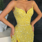 Spaghetti-Straps Sequins Prom Dress Mermaid Slit gh668