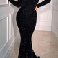 Black Sequins Sweetheart Mermaid Prom Dress With Long Sleeves gh740