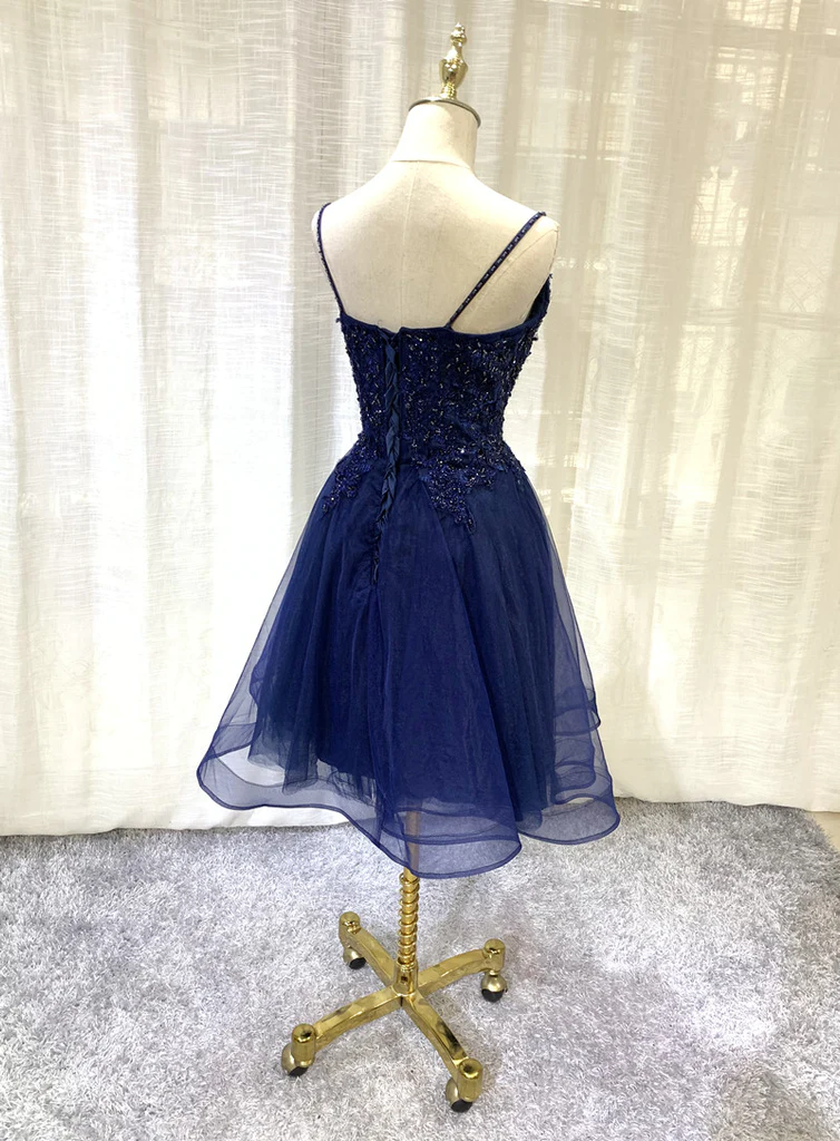 Navy Blue V-Neckline Tulle Short Homecoming Dress, Lace Applique Short Party Dress  gh154