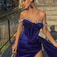 Velvet Off-the-Shoulder Beads Split Mermaid Prom Dress With Ruffles   gh726