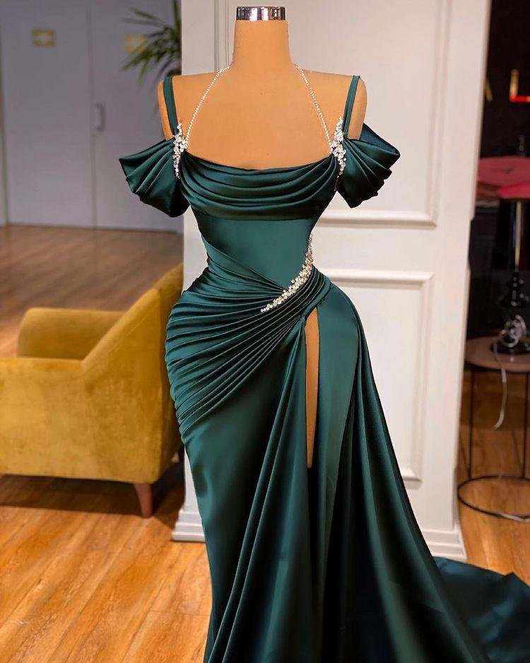 Green Off-the-Shoulder Prom Dress Long Slit gh613