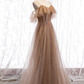 Champagne Tulle Off Shoulder Straps A-Line Prom Dress, Long Evening Dress Party Dress  gh26