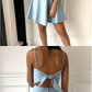 Blue fashion simple bow sleeveless short spaghetti strap A-line short satin mini homecoming dress evening gown gh808
