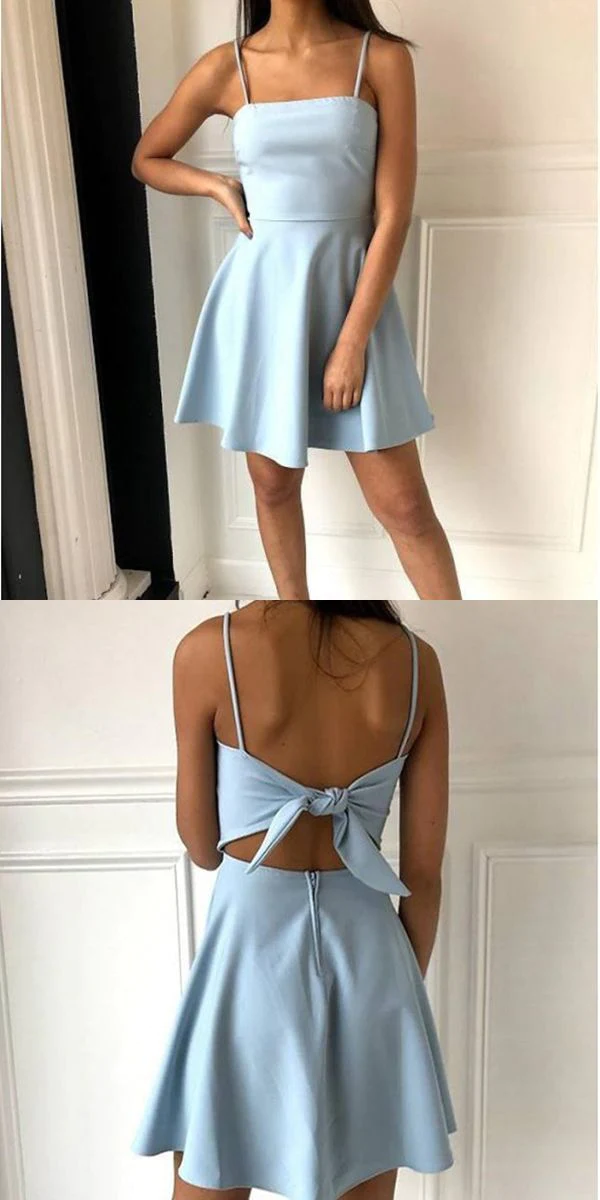 Blue fashion simple bow sleeveless short spaghetti strap A-line short satin mini homecoming dress evening gown gh808
