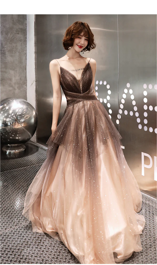 Unique Tulle V-Neckline Straps A-Line Gradient Party Dress, Tulle Long Evening Dress Prom Dress gh88