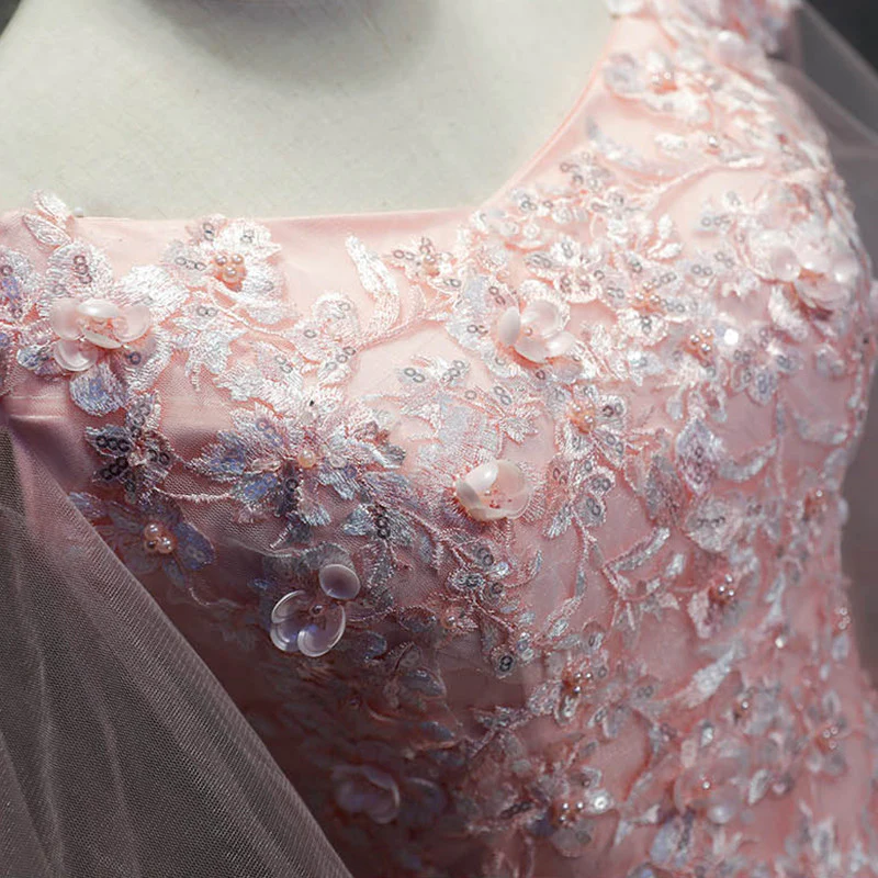 Robe de bal rose à manches courtes en tulle avec dentelle, robes Sweet 16, robes longues de Quinceanera gh77