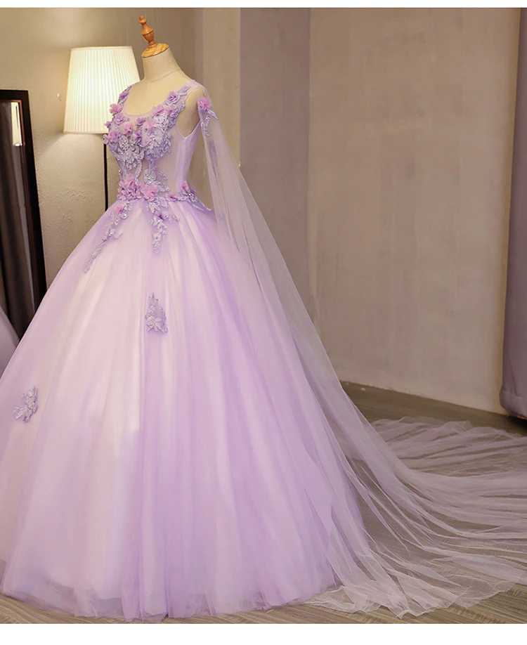 Bezauberndes langes Ballkleid mit Lavendel-Tüll-Blumen, Sweet 16 Gowns gh380