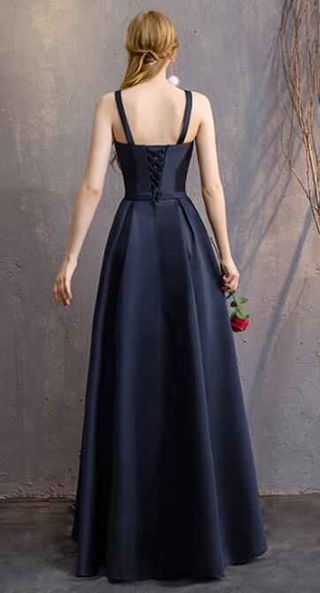 Navy Blue Satin Straps Long Evening Dress Floor Length , Blue Formal Dress Party Dress gh52