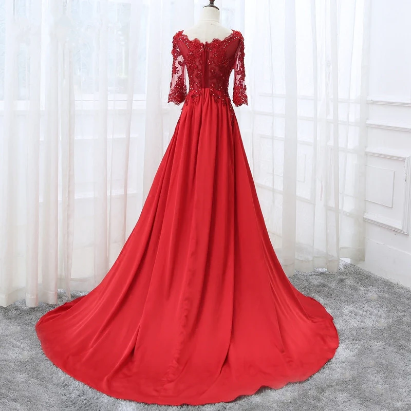 Belle robe de soirée longue en satin rouge à manches courtes, robe de bal rouge gh187