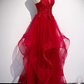 Robe de soirée longue à la mode en tulle et dentelle rouge, robe de bal longue gh277