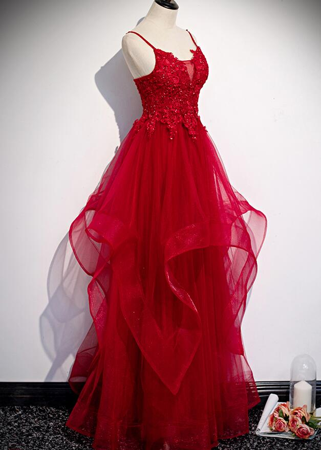 Robe de soirée longue à la mode en tulle et dentelle rouge, robe de bal longue gh277