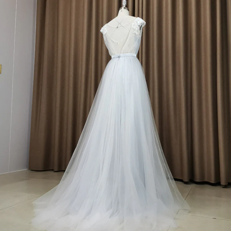 Belle robe de soirée longue en tulle gris clair, robe de soirée gris clair gh183
