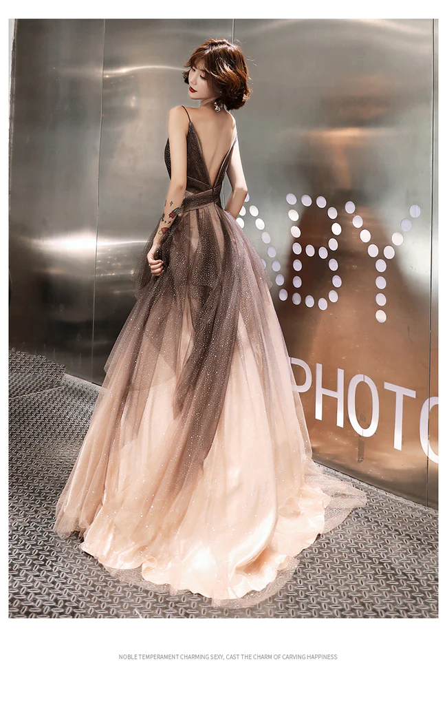 Unique Tulle V-Neckline Straps A-Line Gradient Party Dress, Tulle Long Evening Dress Prom Dress gh88
