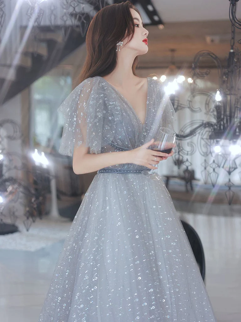 Lovely Grey Shiny Tulle V-Neckline Puffy Sleeves Long Prom Dresses, Grey Evening Dresses  gh24