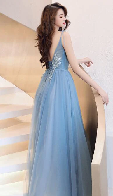 Charming Blue V-Neckline Tulle Party Dress With Staps, Long Prom Dress  gh373