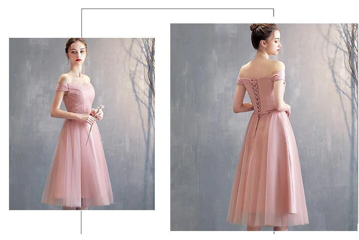 Robe de soirée courte simple en tulle rose à épaules dénudées, robes de bal roses gh81