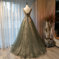 Belle robe de bal en tulle avec appliques vert clair à encolure ronde, robe longue noire basse de soirée gh92