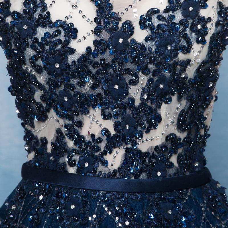 Wunderschönes Ballkleid aus blauem Tüll mit Rundhalsausschnitt aus Spitze, Blaues Ballkleid gh252