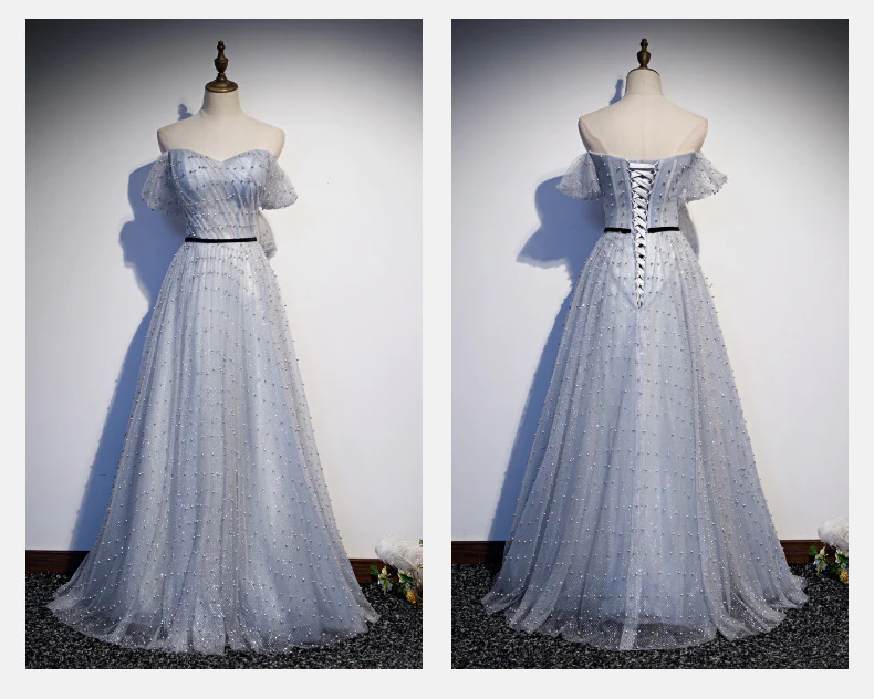Light Grey Sweetheart Off Shoulder Long Party Dress, A-Line Tulle Prom Dress Evening Dress gh89