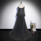 Dark Grey Long Sleeves Lace Applique A-Line Prom Dress, Grey Long Formal Dresses  gh48