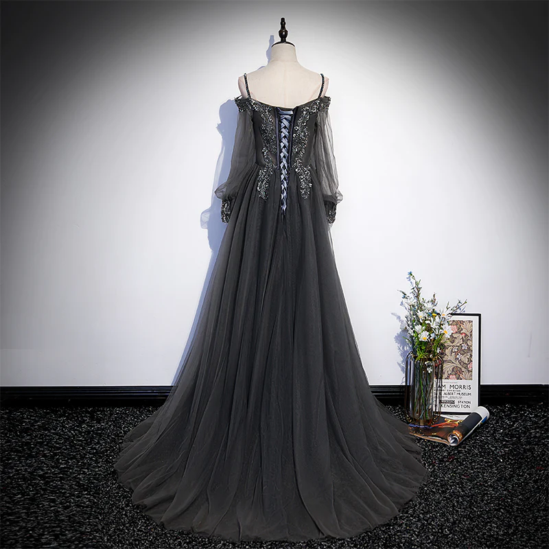 Dark Grey Long Sleeves Lace Applique A-Line Prom Dress, Grey Long Formal Dresses  gh48