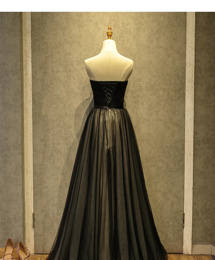 Einfaches schwarzes A-Linien-Partykleid mit langem Tüll und Herzausschnitt, schwarzes Abendkleid gh281