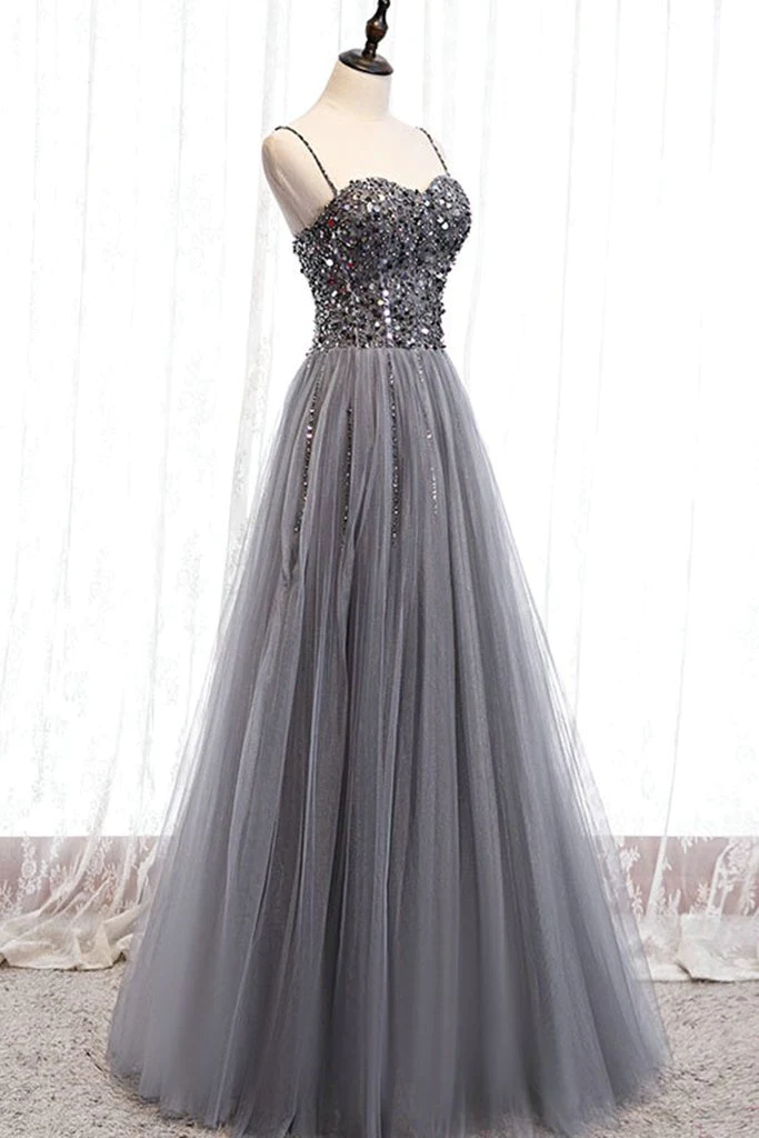 Beautiful Grey Beaded Tulle Prom Dresses, Straps Party Dress  gh194
