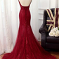 Charming Mermaid Lace Burgundy Prom Dress, Tulle Long Evening Dress gh431