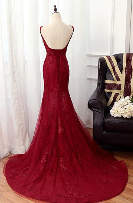 Charming Mermaid Lace Burgundy Prom Dress, Tulle Long Evening Dress gh431