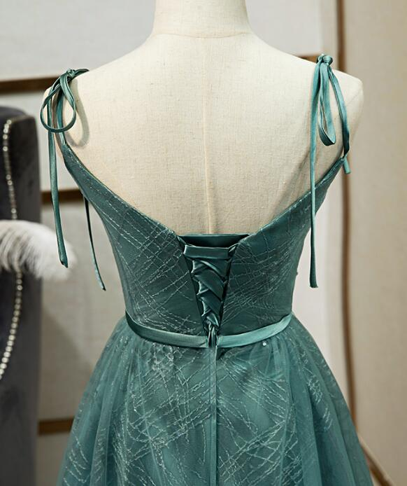 Grünes langes Ballkleid aus Tüll, neues langes Partykleid mit V-Ausschnitt und Trägern gh286