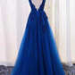 Elegantes langes Partykleid mit blauer Spitzenapplikation, blaues Ballkleid gh381
