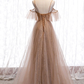 Champagne Tulle Off Shoulder Straps A-Line Prom Dress, Long Evening Dress Party Dress  gh26