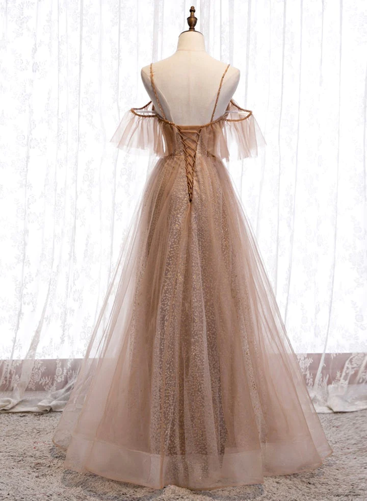 Champagne Tulle Off Shoulder Straps A-Line Prom Dress, Long Evening Dress Party Dress  gh26