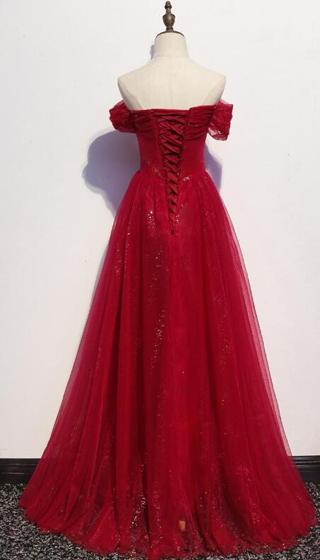 Beautiful Dark Red A-Line Off Shoulder Prom Gown, Wine Red Party Dress  gh402
