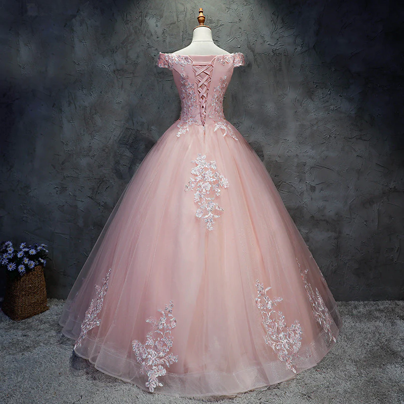 Robe de bal rose à manches courtes en tulle avec dentelle, robes Sweet 16, robes longues de Quinceanera gh77