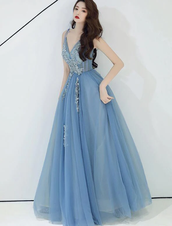 Charming Blue V-Neckline Tulle Party Dress With Staps, Long Prom Dress  gh373