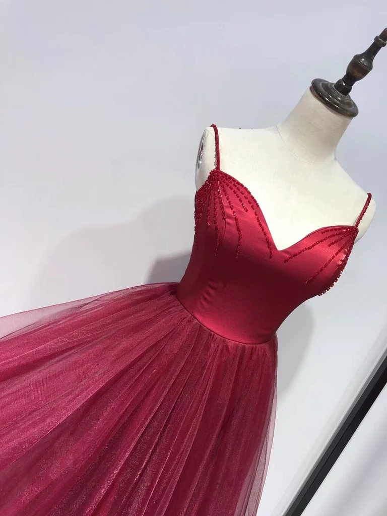 Beautiful Wine Red Straps Beaded Tea Length Wedding Party Dress, Prom Dress   gh589