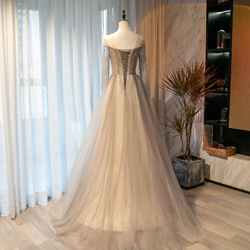 Robe de soirée en tulle à manches longues et perles gris clair, robe de bal en tulle gris, robe de soirée gh91