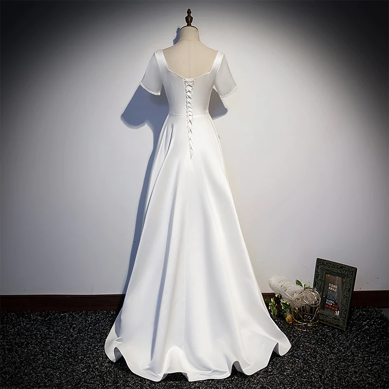 White Simple Beaded Short Sleeves High Low Wedding Party Dress, White Party Dress gh58